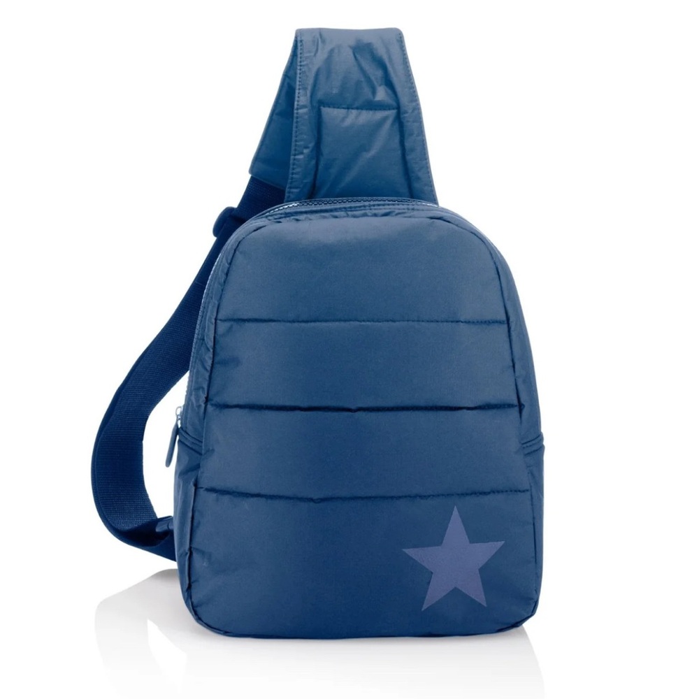 HI,LOVE NWT navy blue Tone on Tone Star Puffer Crossbody Backpack
